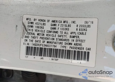 2017 Honda Accord Sport z USA, uszkodzony, nr VIN 1HGCR2F53HA037794